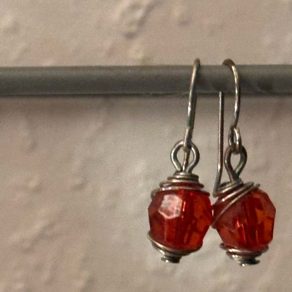 Red Crystal Glass Bead Silver Heart Dangle Drop Earrings 2"